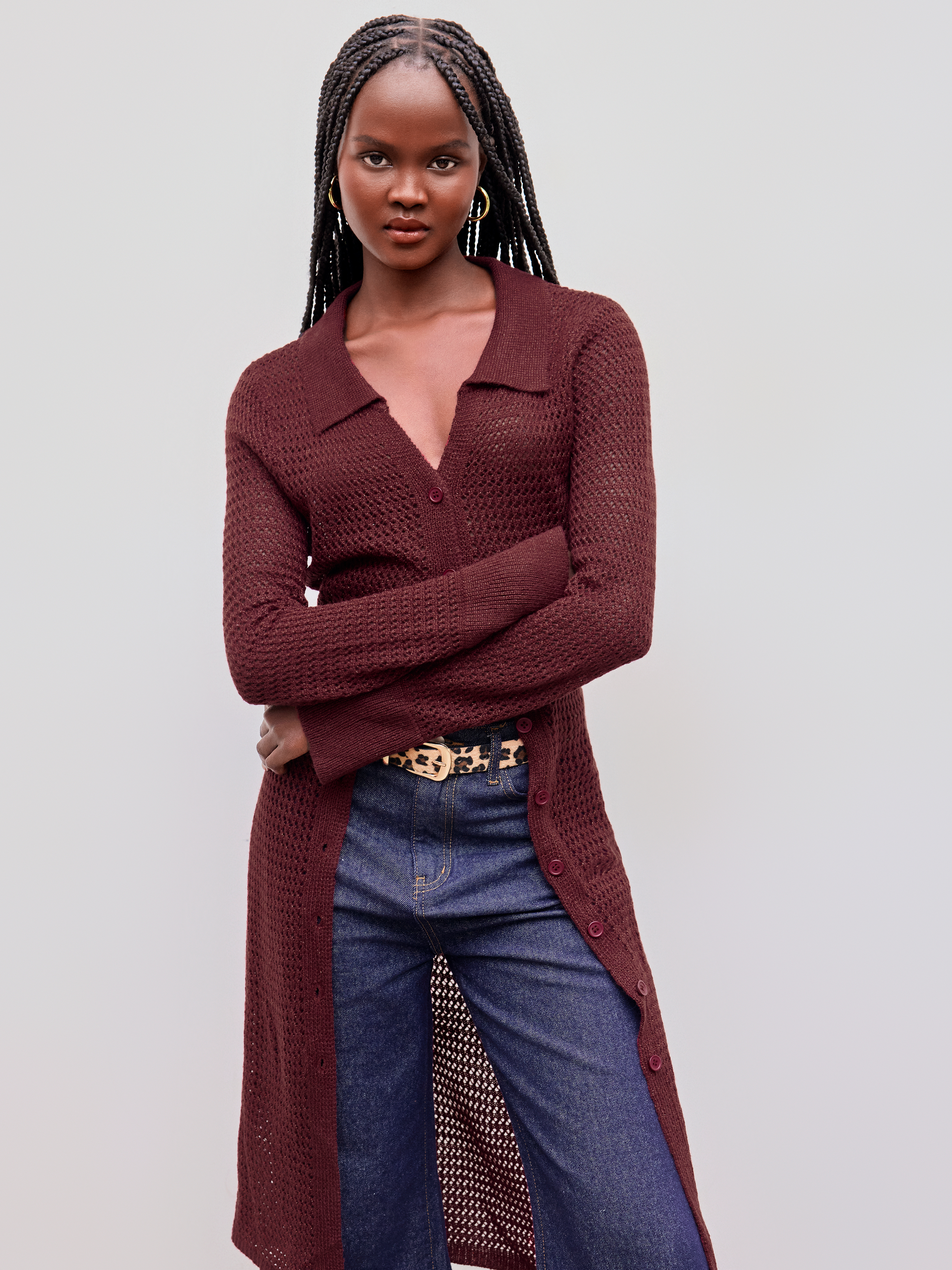Knit Collar Solid Hollow Out Button Long Cardigan