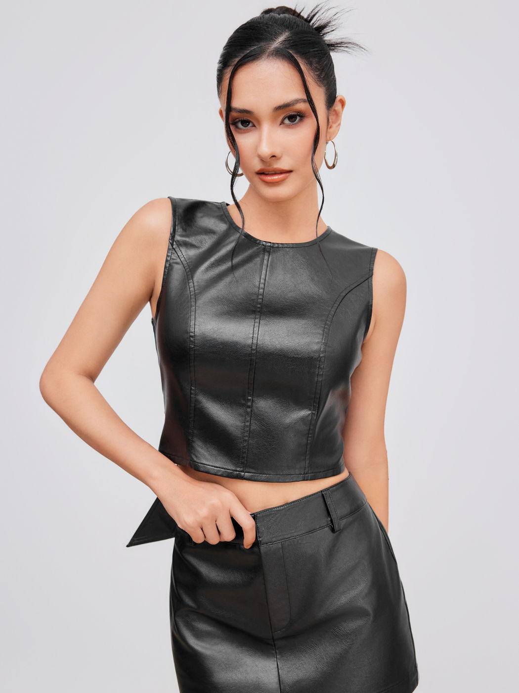 Faux Leather Round Neckline Solid Knotted Backless Crop Top