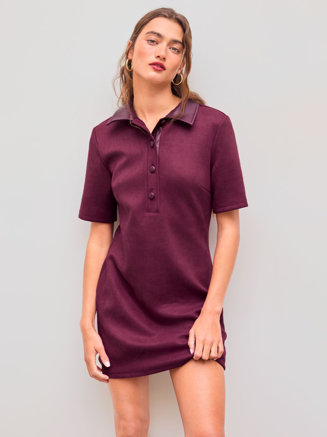 Suede Polo Collar Solid Button Mini Dress