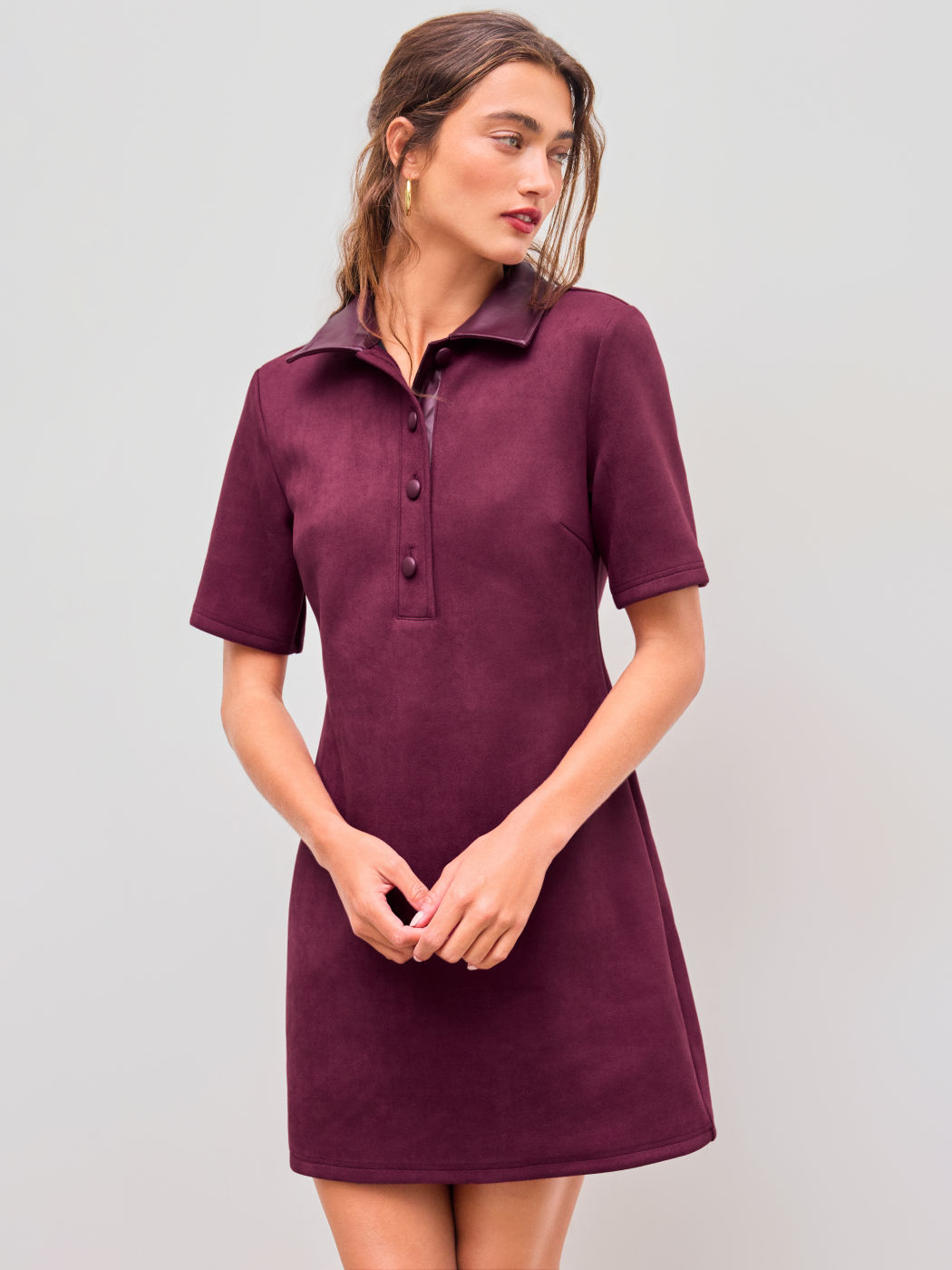 Suede Polo Collar Solid Button Mini Dress