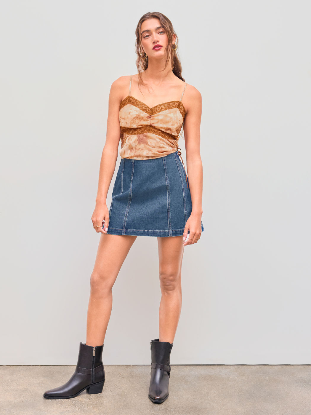 Stretch Denim High Rise Solid Lace Up Mini Skirt