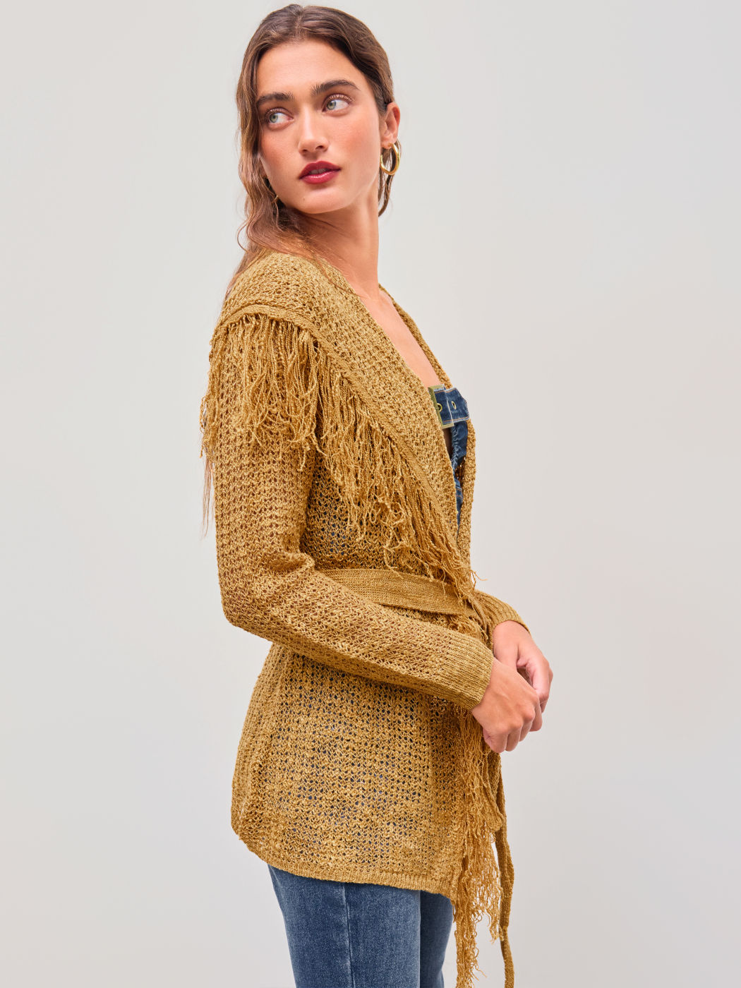 Strick V-Ausschnitt Einfarbig Fransen Hohles Geknotetes Strickjacke