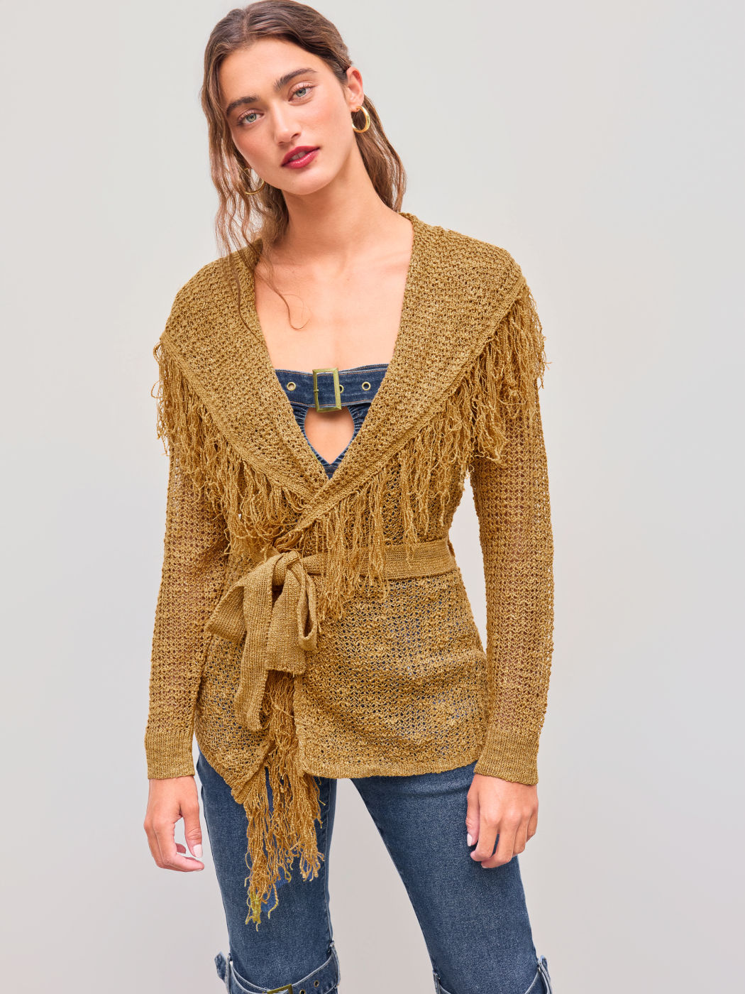 Strick V-Ausschnitt Einfarbig Fransen Hohles Geknotetes Strickjacke