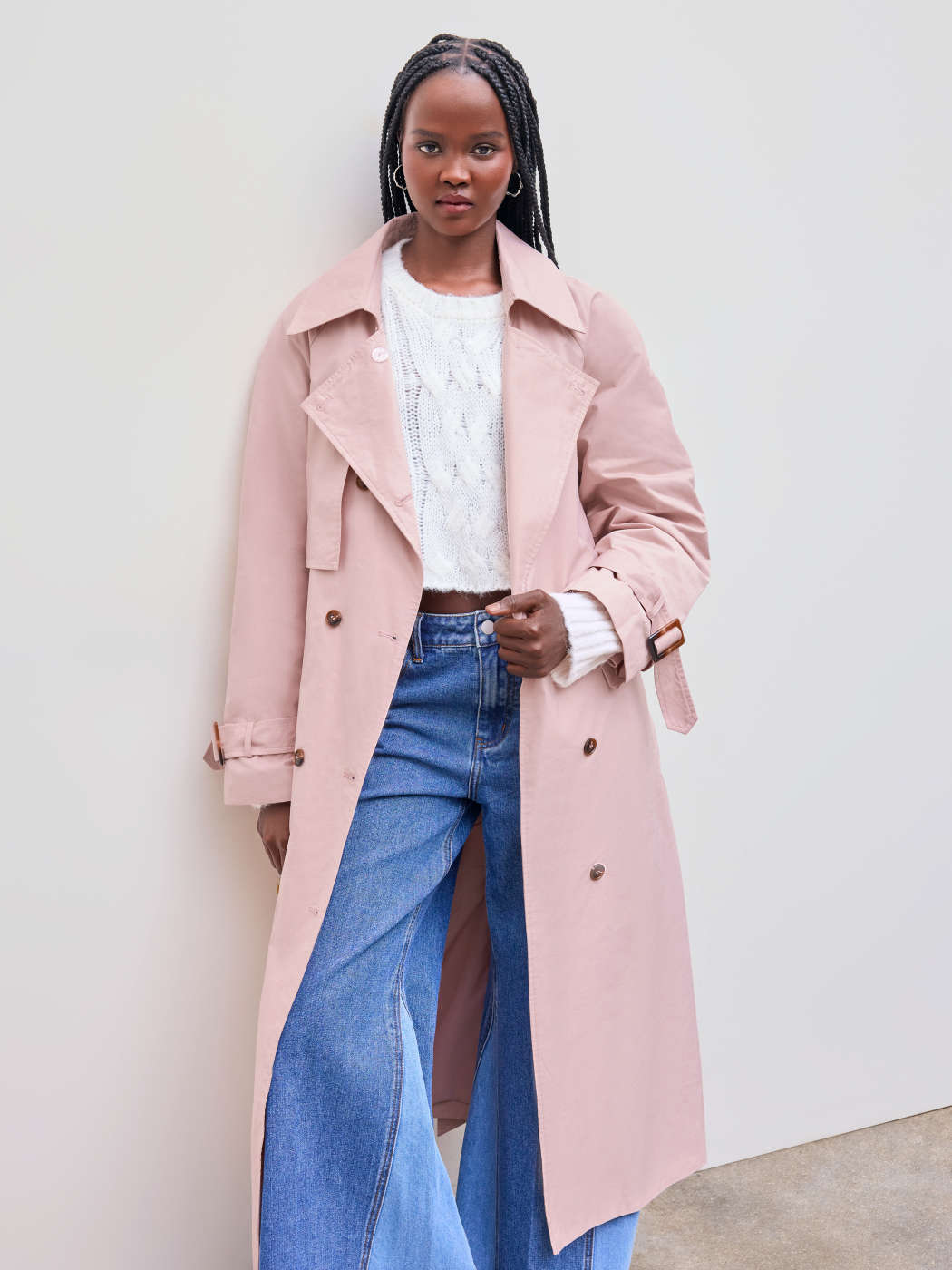 Cotton-blend Collar Solid Button Trench Coat With Belt For Daily