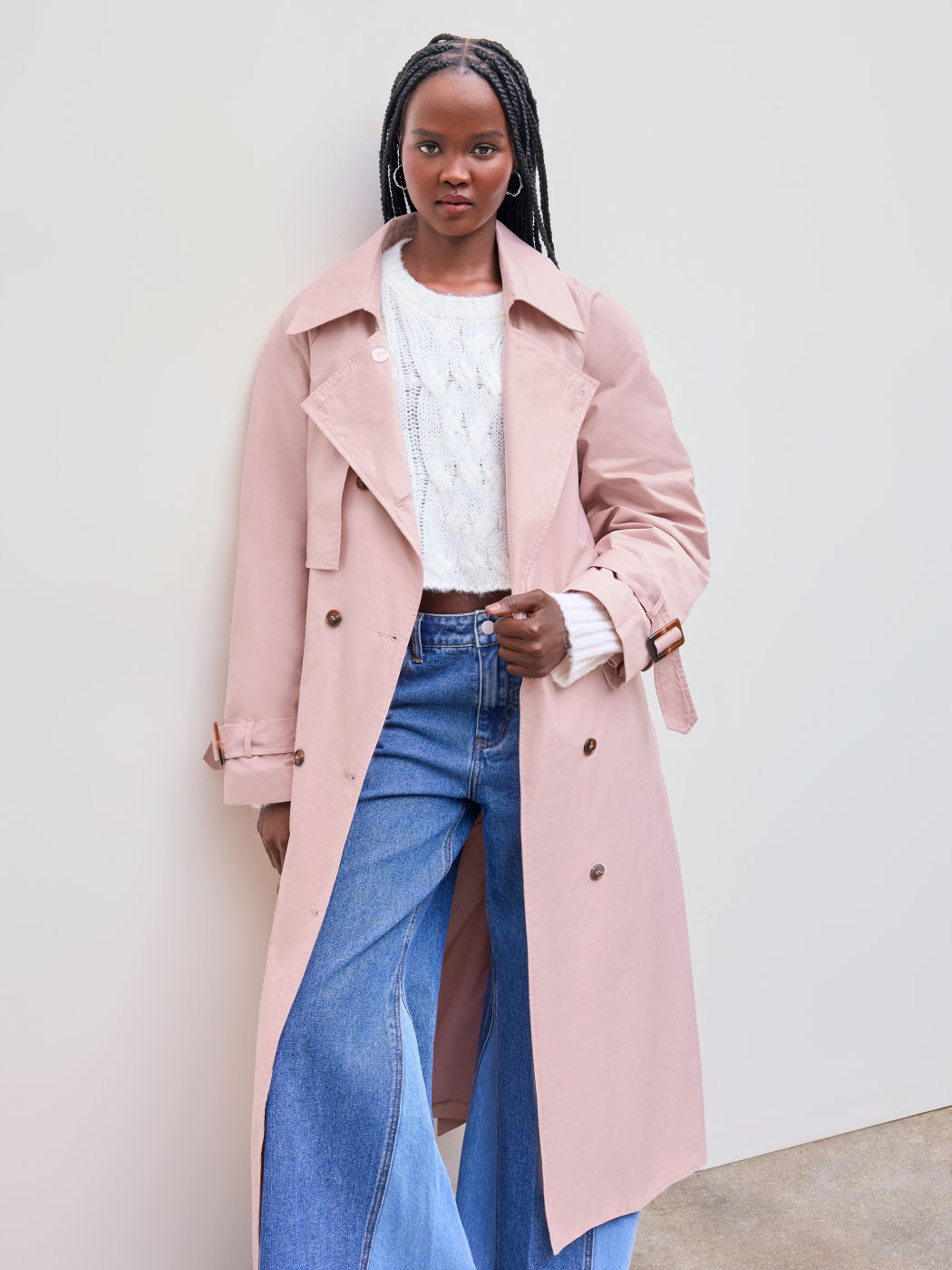 Cotton-blend Collar Solid Button Trench Coat With Belt