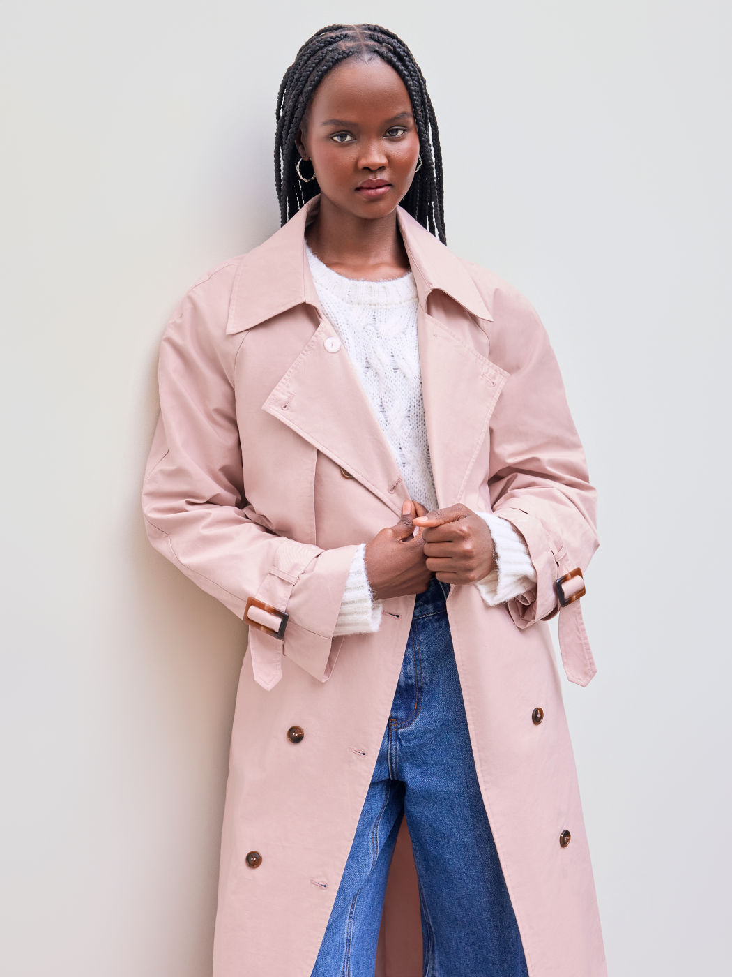 Cotton-blend Collar Solid Button Trench Coat With Belt