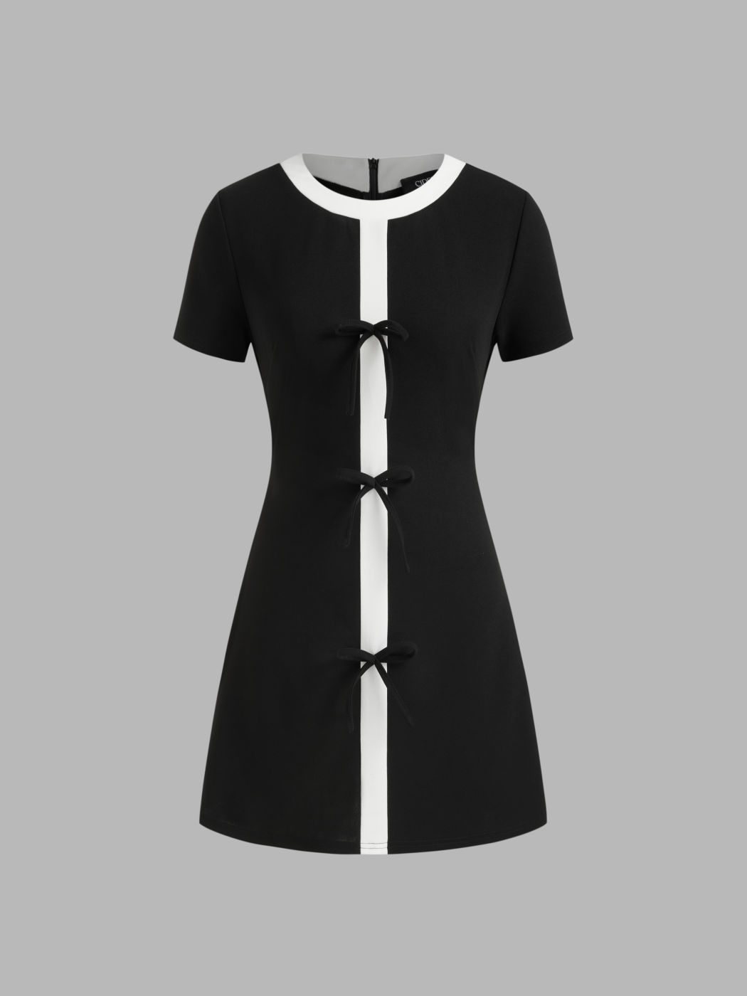 Round Neckline Contrasting Binding Bowknot Mini Dress