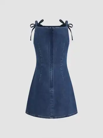 Stretch-Denim-Einfarbiges Reißverschluss-Knoten-Mini-Kleid