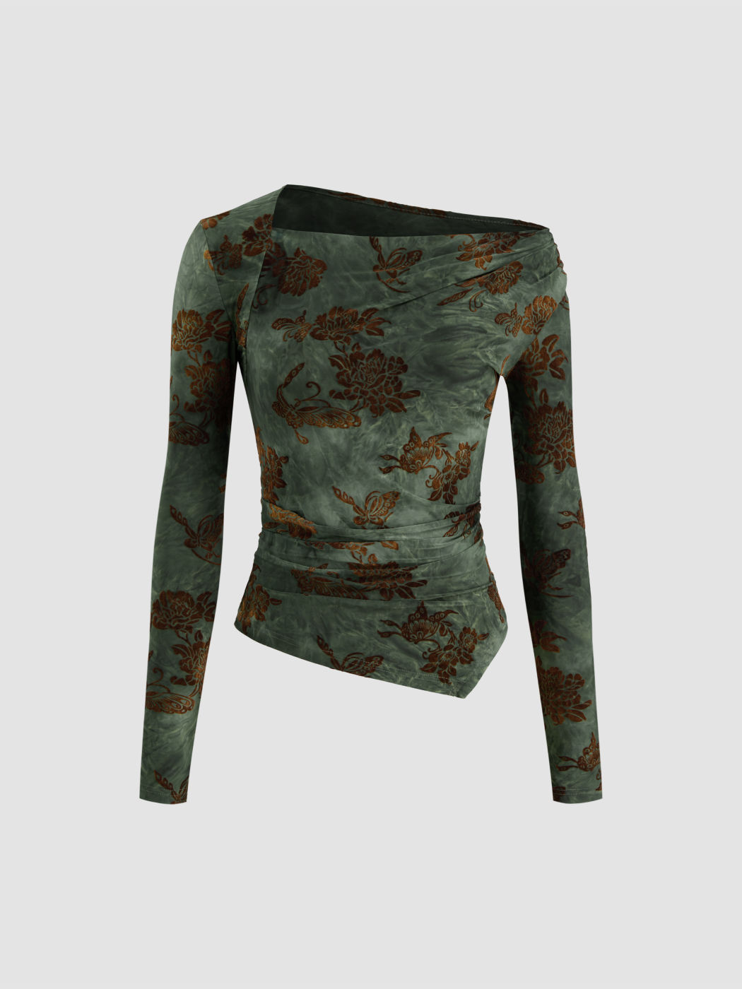 Asymmetrical Neck Floral Ruched Long Sleeve Blouse
