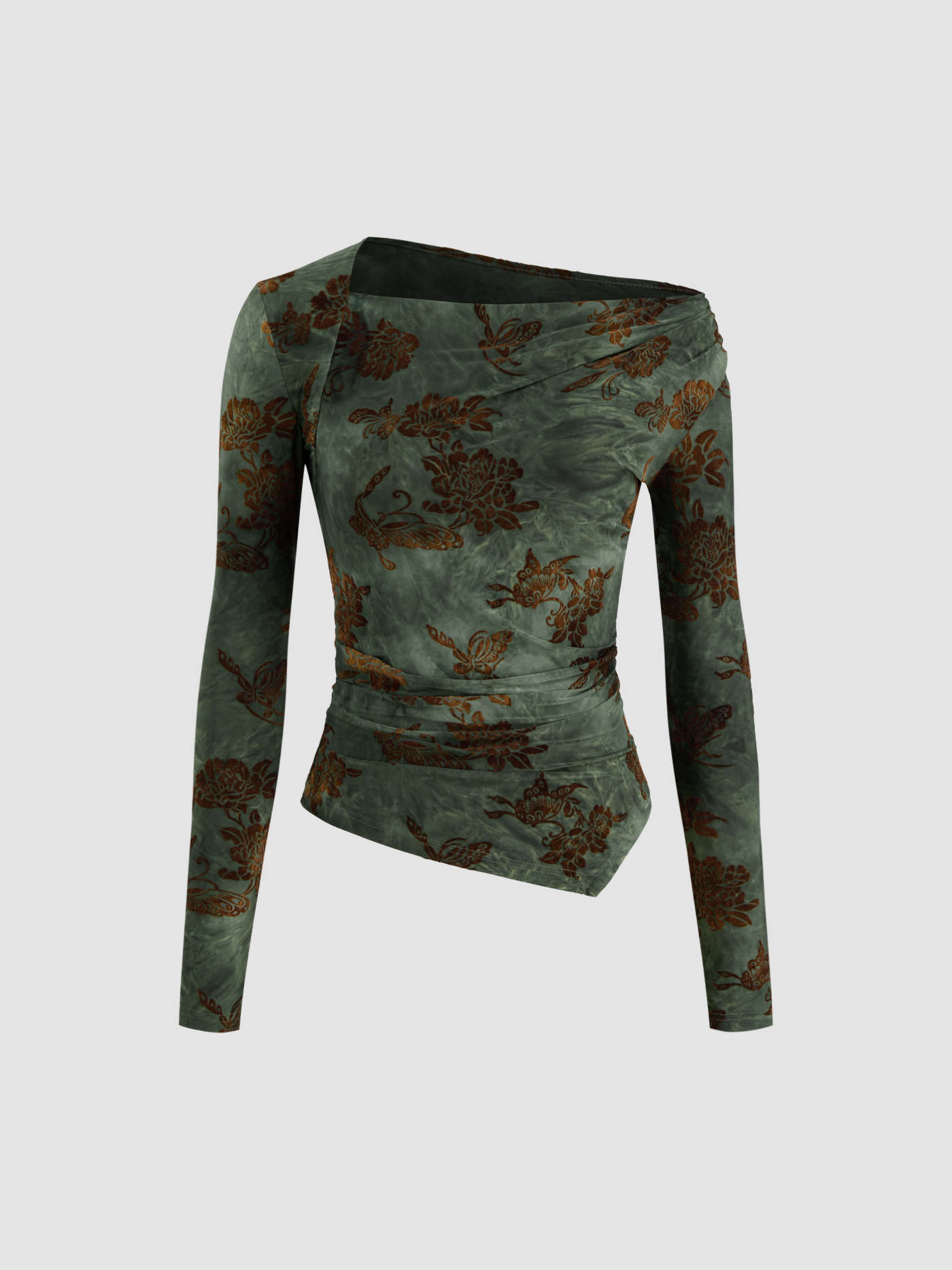 Asymmetrical Neck Floral Ruched Long Sleeve Blouse