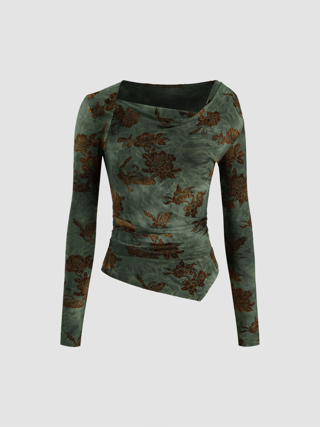 Asymmetrical Neck Floral Ruched Long Sleeve Blouse