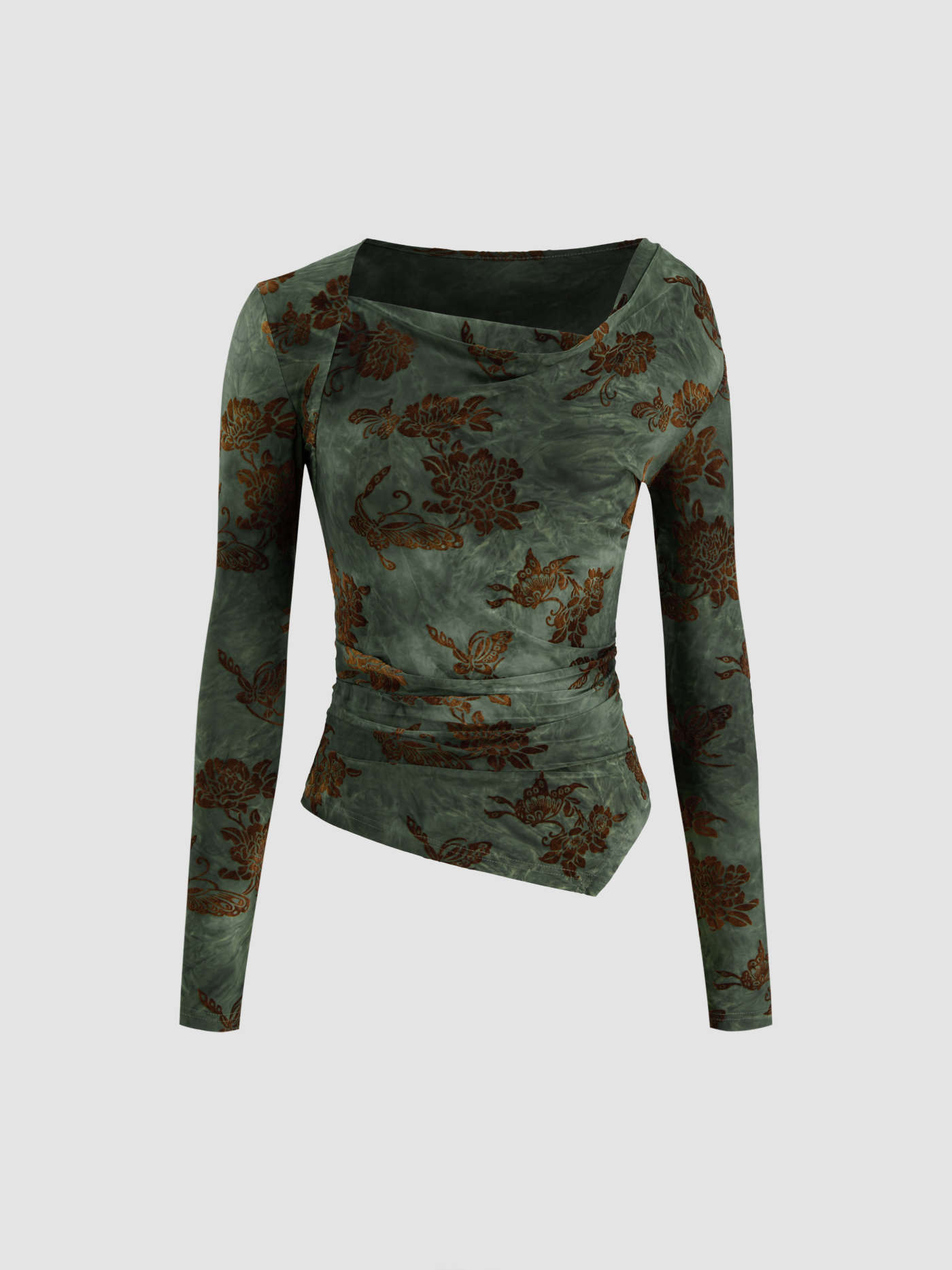 Asymmetrical Neck Floral Ruched Long Sleeve Blouse