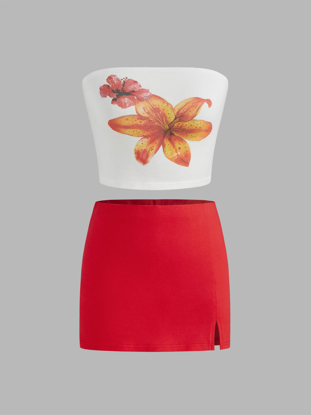 Cotton-blend Floral Crop Tube Top & Mid Rise Solid Split Mini Skirt Set