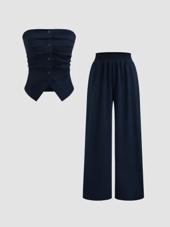 Solids Knopf-Tube-Top mit Mid Rise Solid Weite Hosen