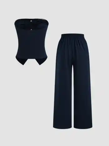Solids Knopf-Tube-Top mit Mid Rise Solid Weite Hosen