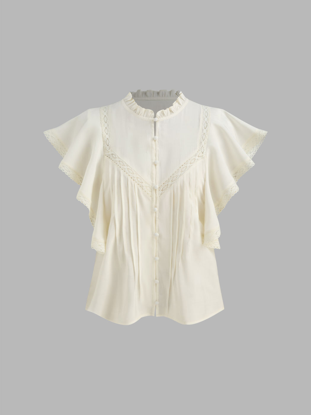Round Neckline Solid Lace Ruched Short Sleeve Blouse