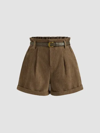 Corduroy Mid Rise Roll Hem Shorts With Belt