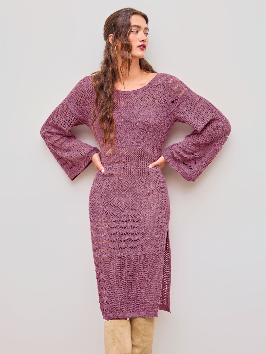 Knit Boat Neck Solid Hollow Out Split Midi Dress