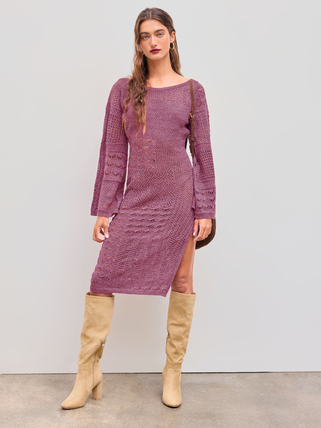 Knit Boat Neck Solid Hollow Out Split Midi Dress