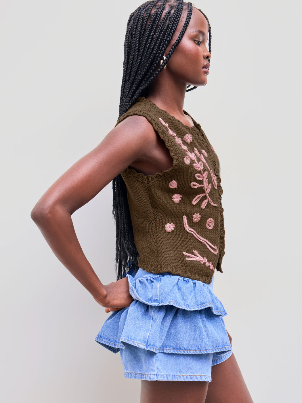 Knit Round Neckline Floral & Leaf Button Vest