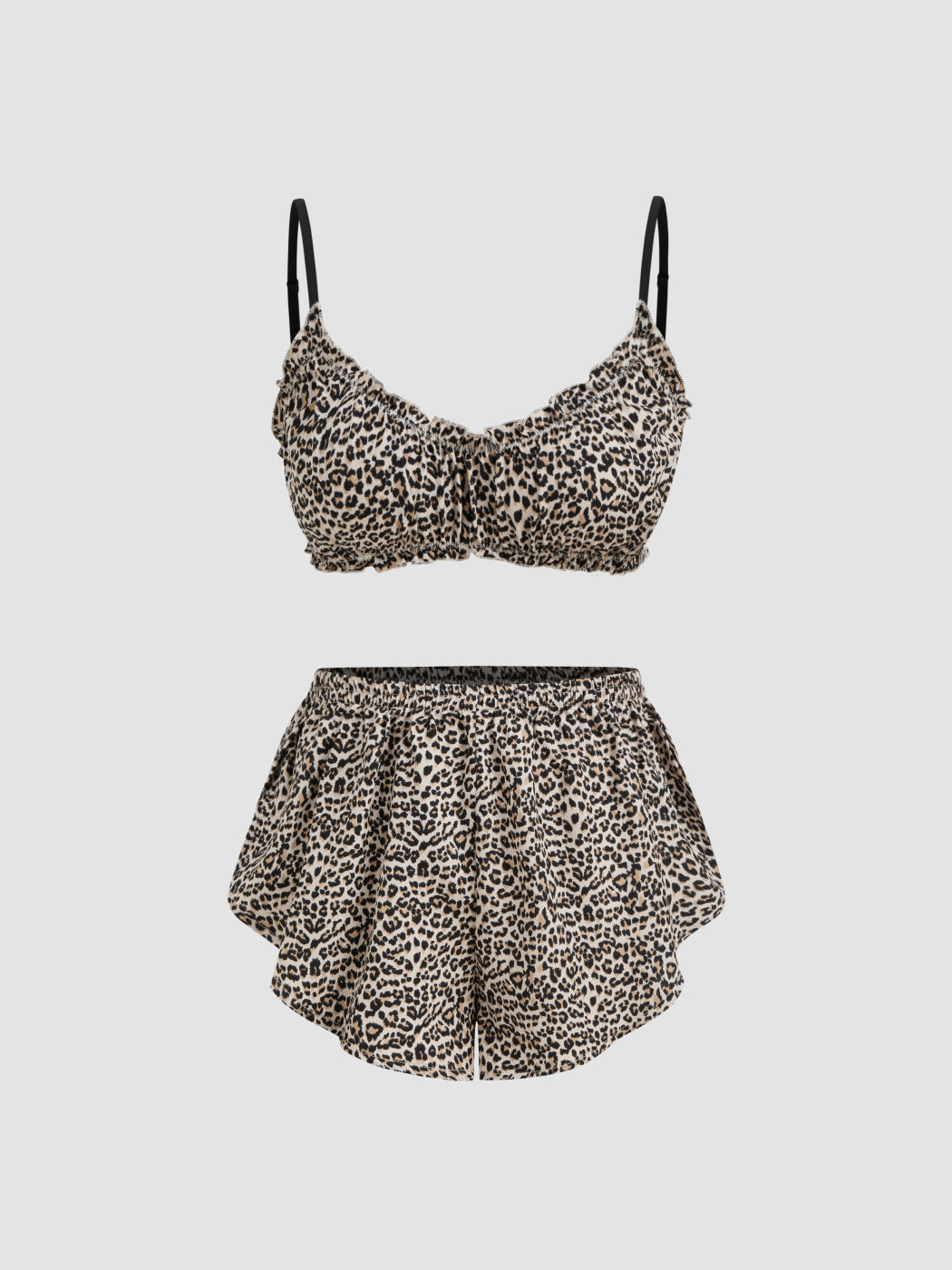 V-neck Leopard Lettuce Trim Crop Cami Top & Mid Rise Leopard Wide Leg Shorts Pajama Set
