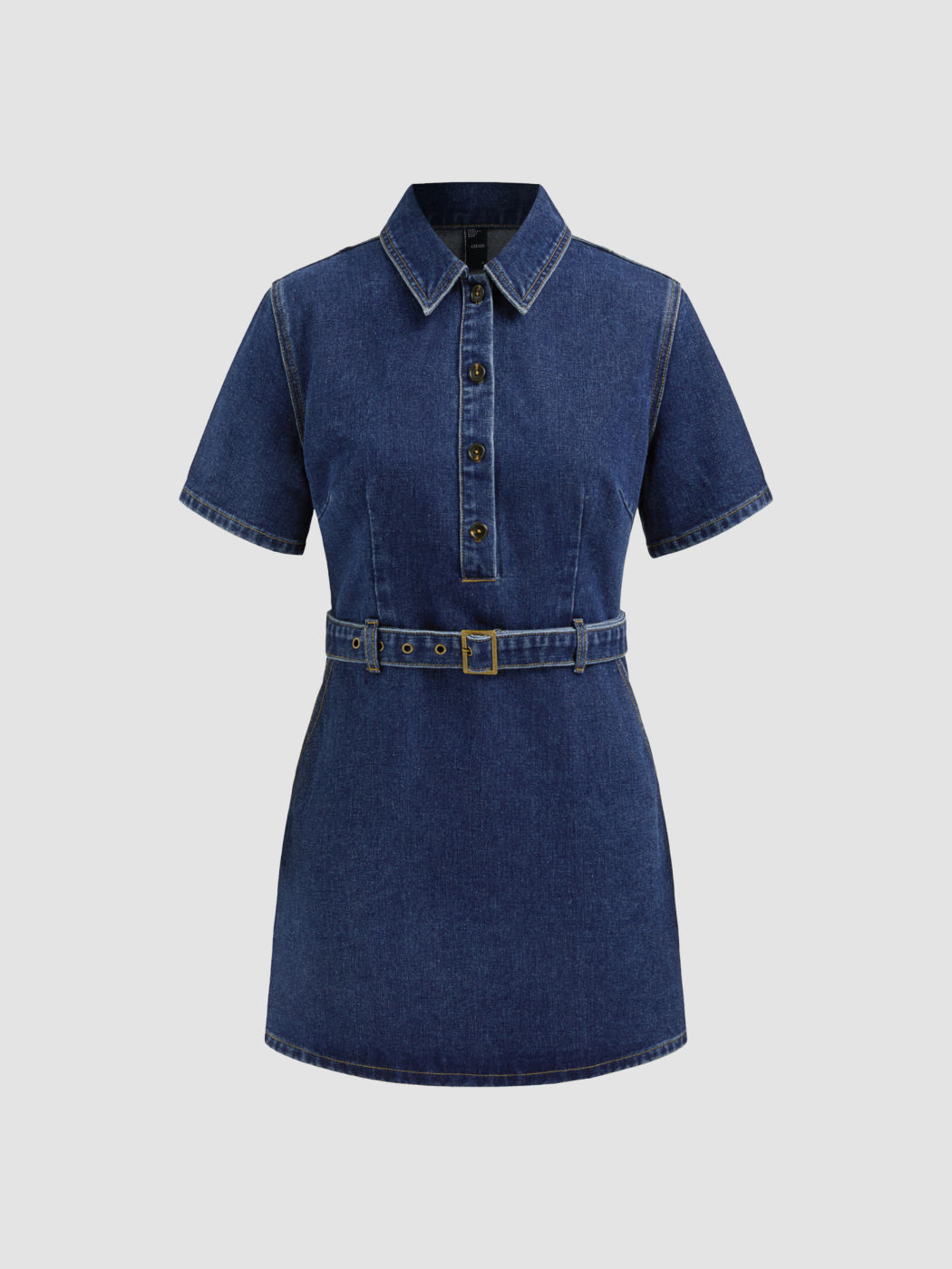 Denim Collar Solid Button Zipper Mini Dress With Belt