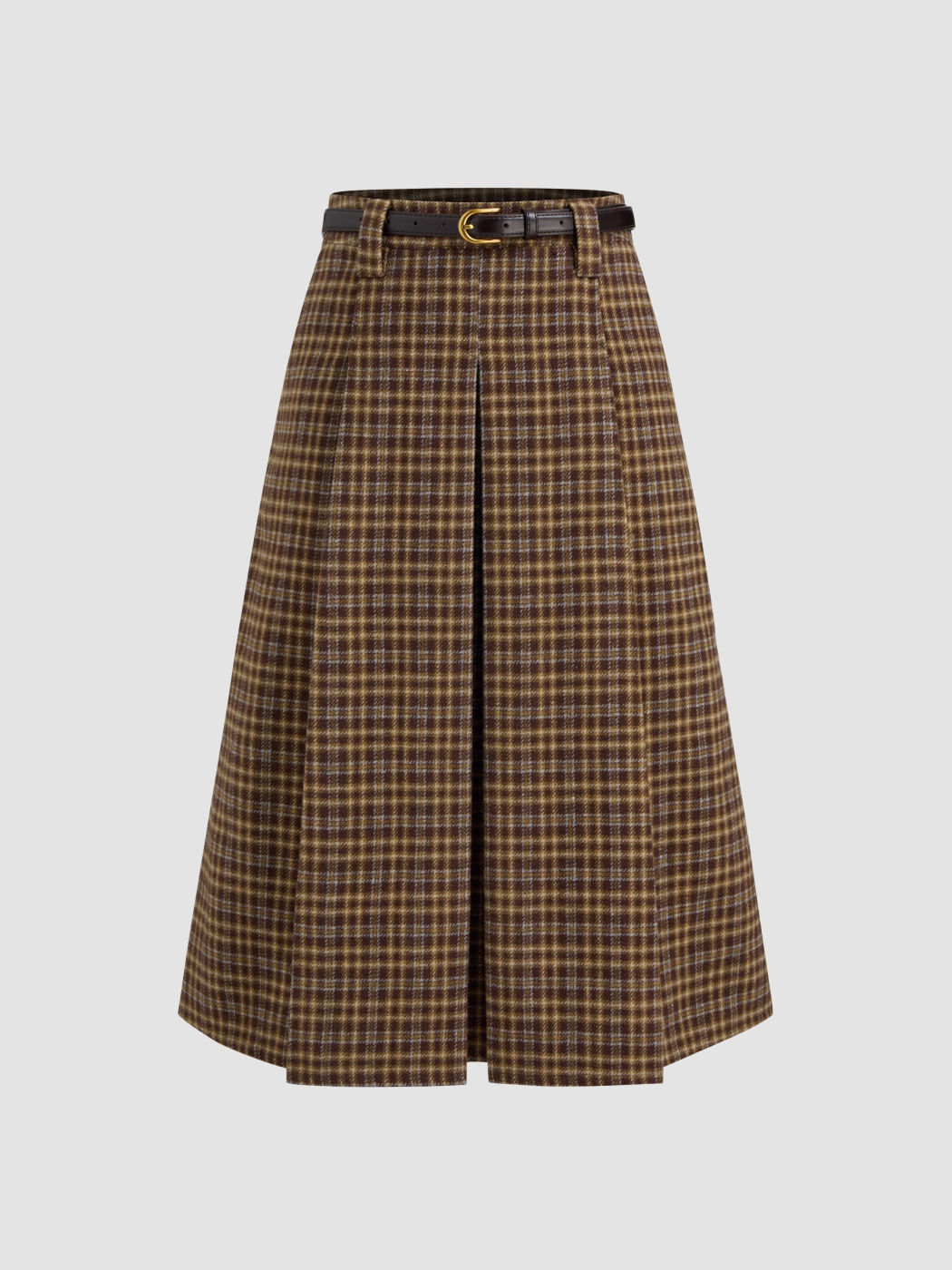 Wool-like Mid Rise Checks Pleated Maxi Skirt With Belt