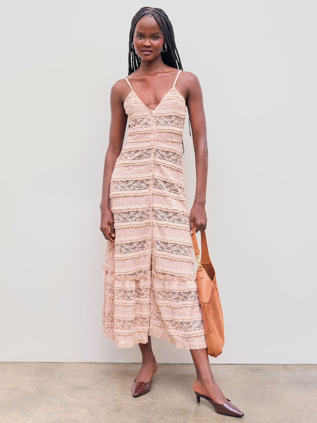 Lace V-neck Lettuce Trim Tiered Button Maxi Dress