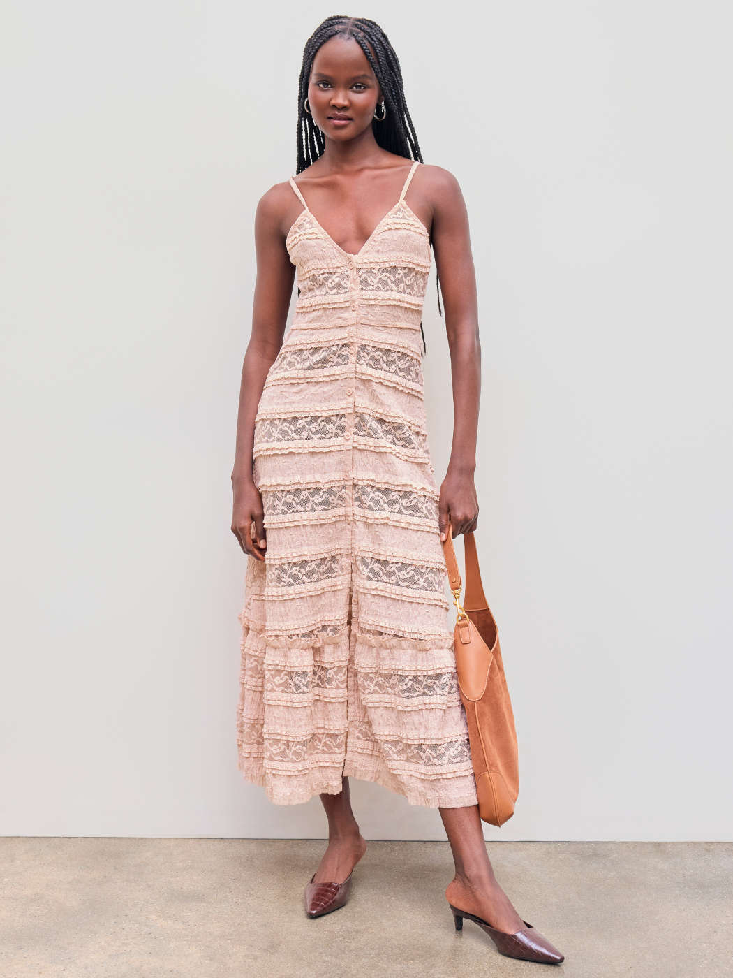 Lace Lace V-neck Lettuce Trim Tiered Button Maxi Dress For Date Lace Lace V-neck Lettuce Trim Tiered Button Maxi Dress For Date