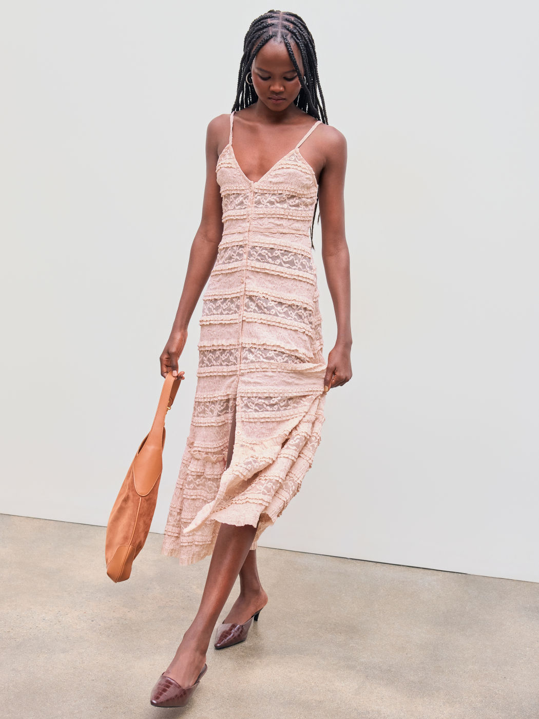 Lace V-neck Lettuce Trim Tiered Button Maxi Dress