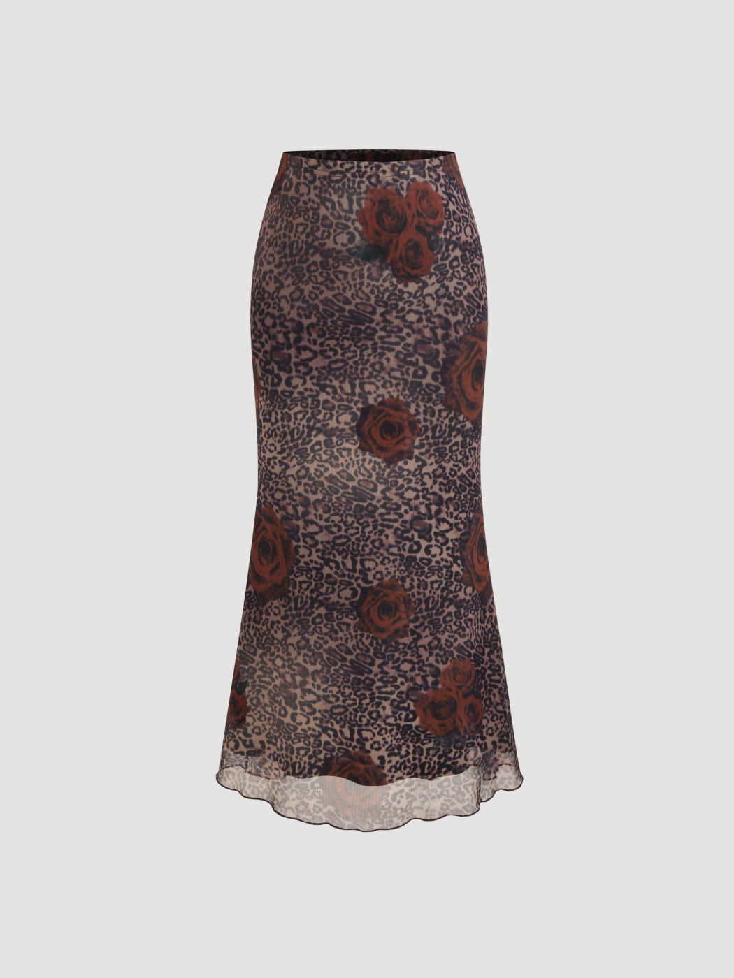 Mesh Mid Rise Rose Leopard Maxi Skirt