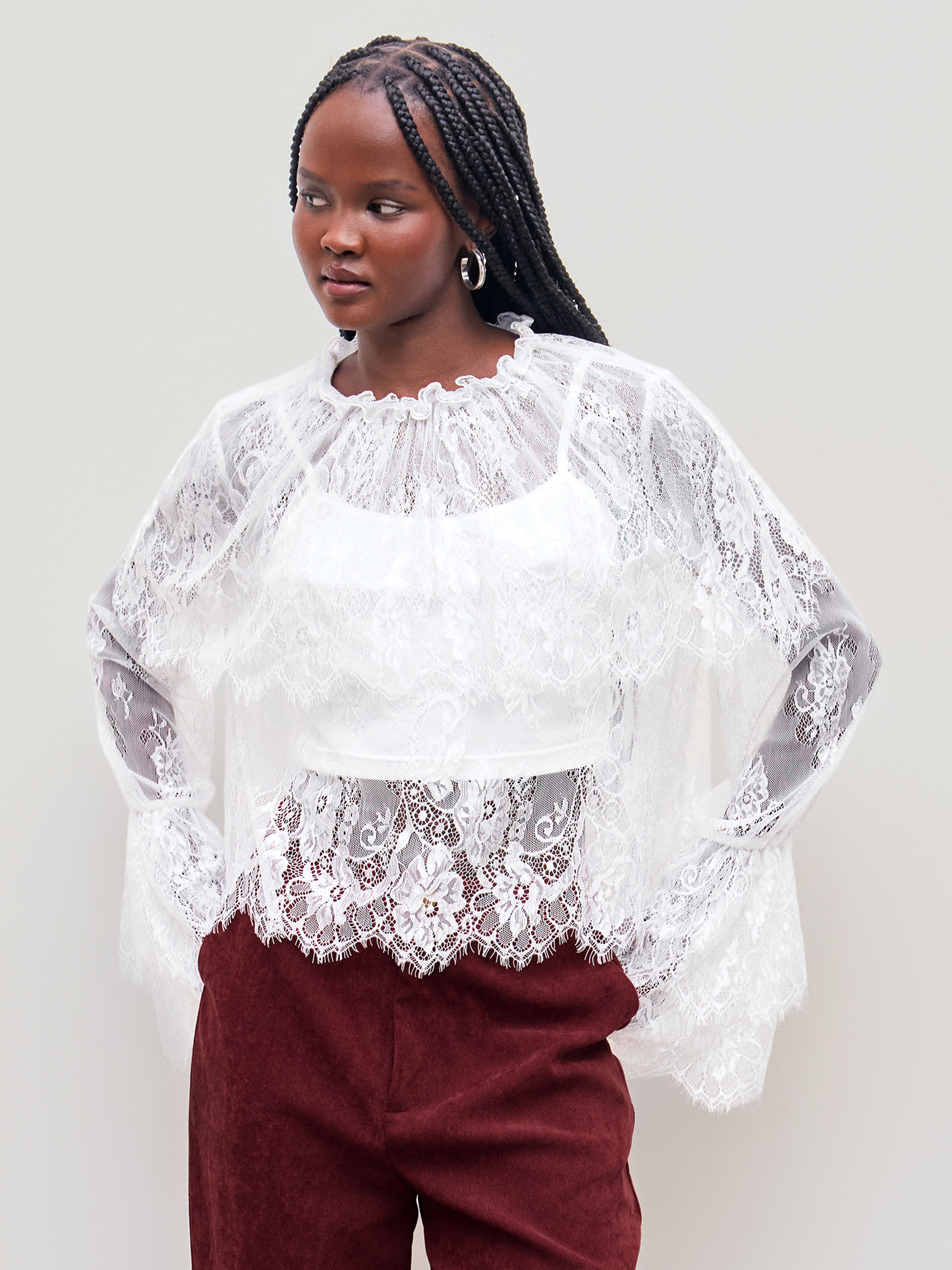 Lace Lace High Neck Layered Long Sleeve Blouse With Solid