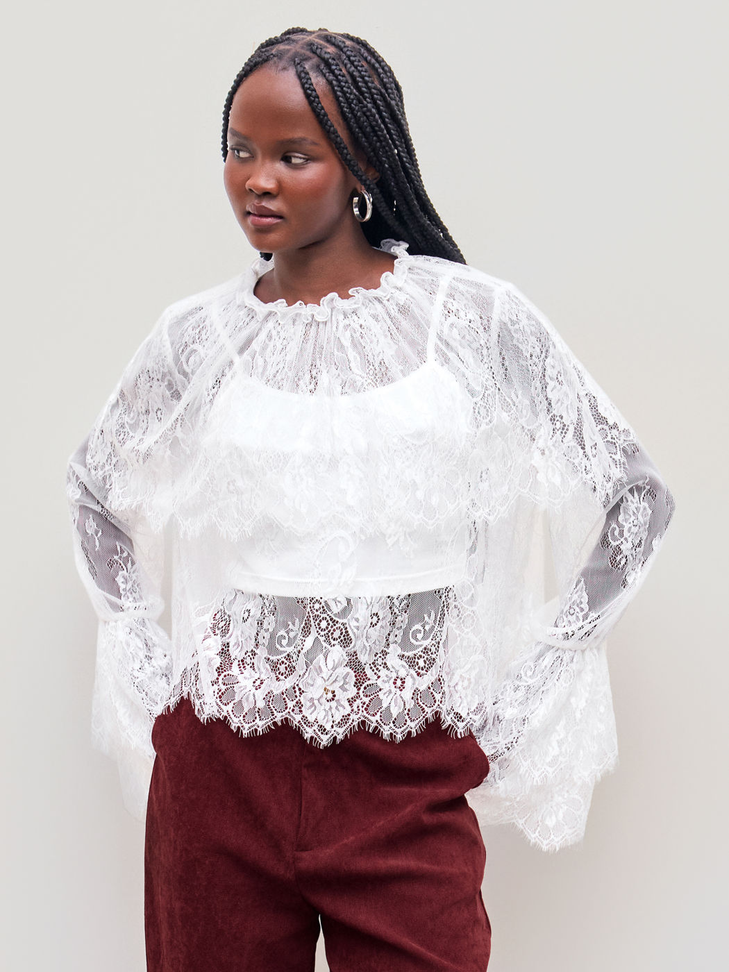 Lace High Neck Layered Long Sleeve Blouse With Solid Crop Cami Top