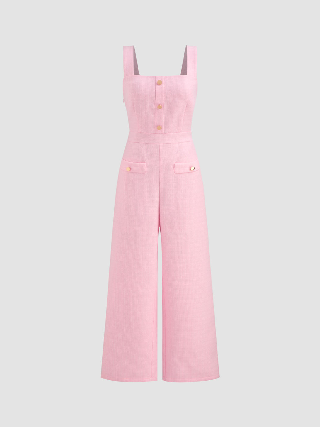 Square Neck Solid Button Wide Leg Jumpsuit