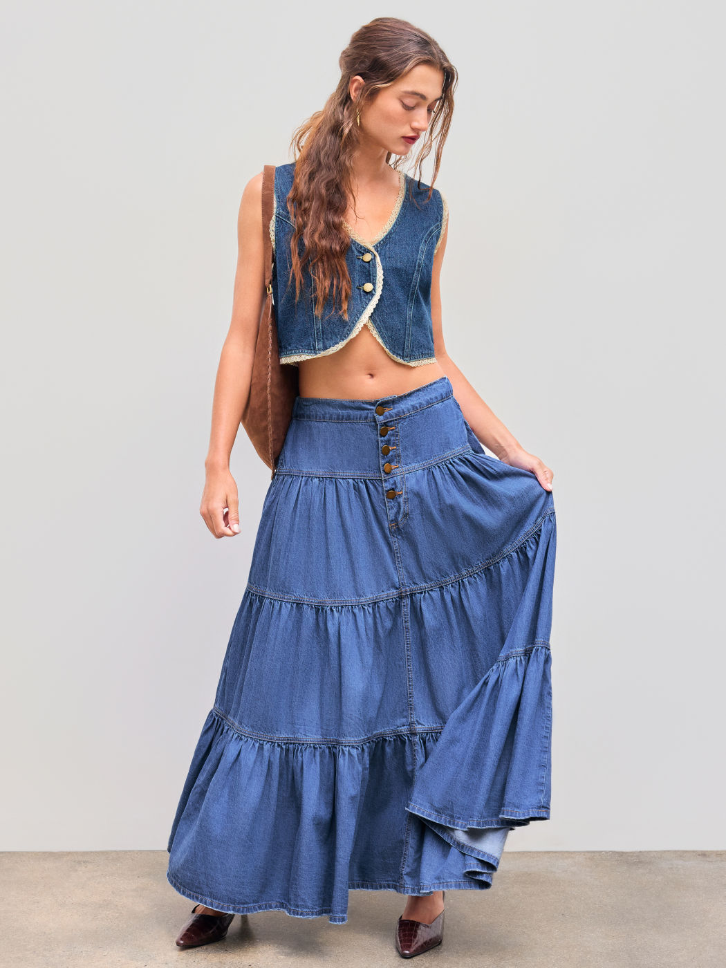 Denim High Rise Solid Tiered Button Pocket Maxi Skirt