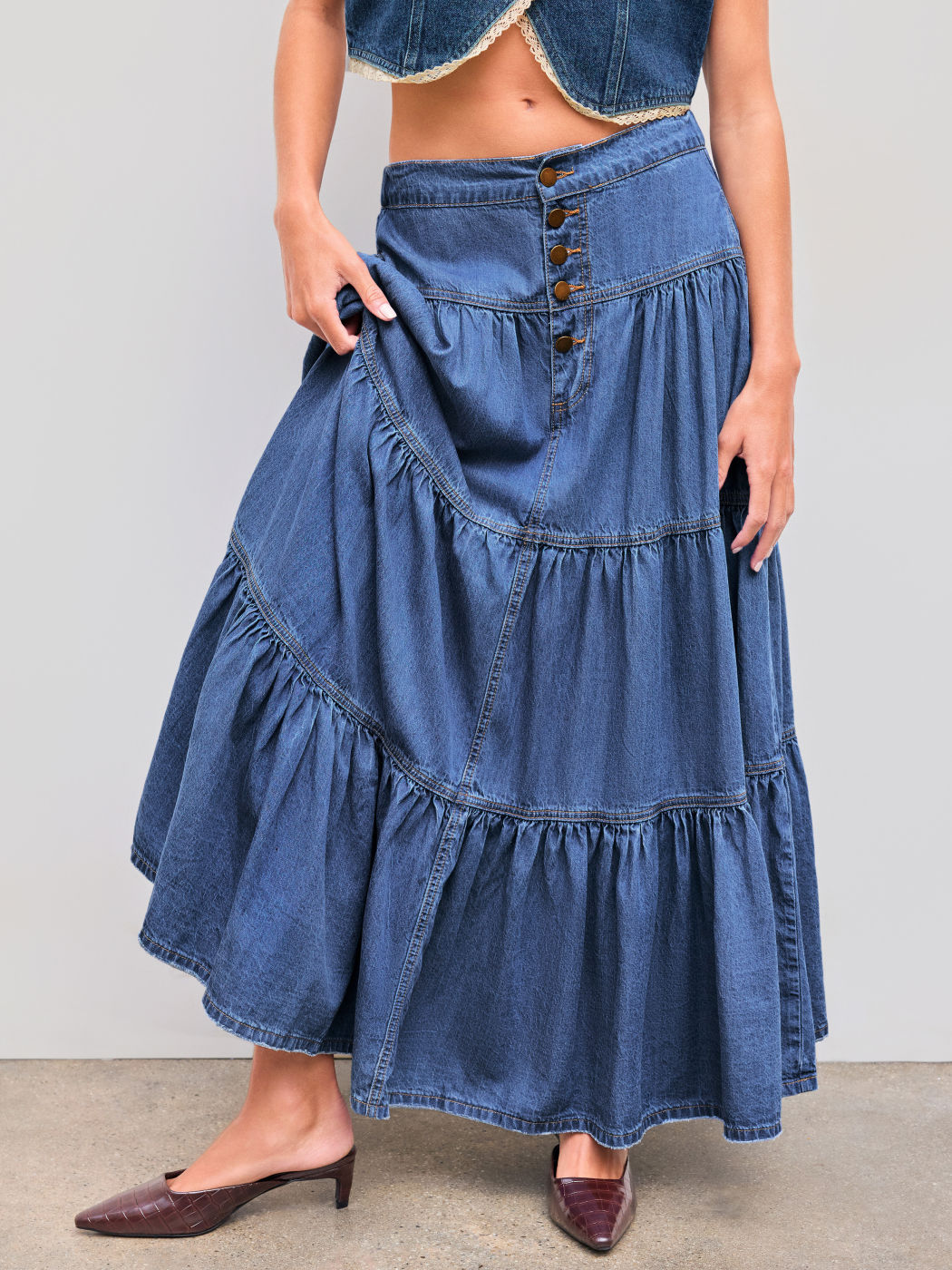 Denim High Rise Solid Tiered Button Pocket Maxi Skirt