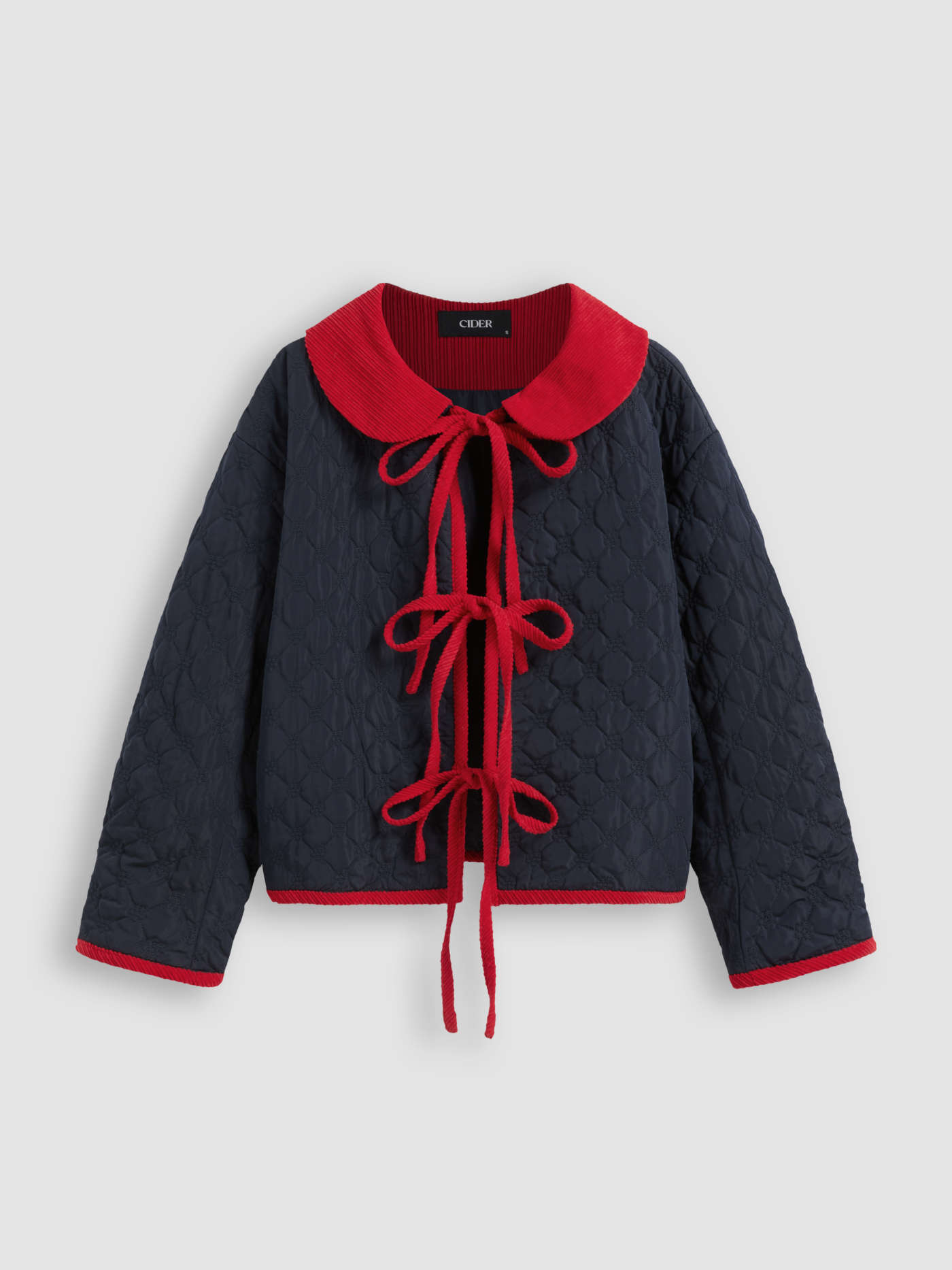 Doll Collar Contrasting Binding Tie Front Pocket Puffer Jacket