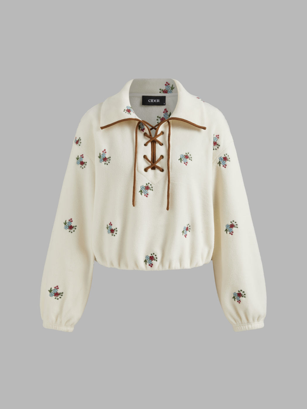 Fleece Collar Floral Embroidery Lace Up Oversized Sweatshirt