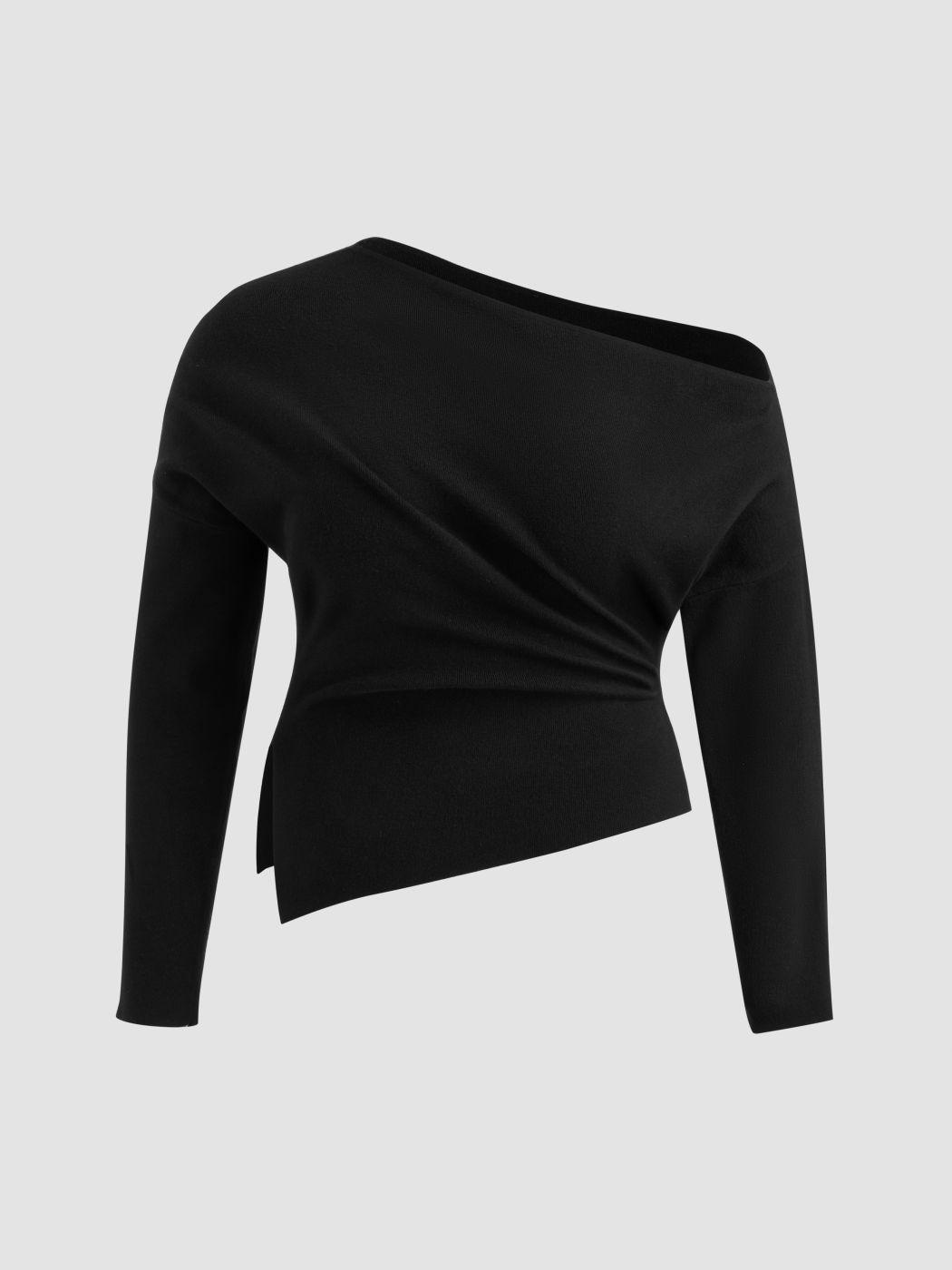 Knitted Asymmetrical Neck Solid Ruched Split Sweater Curve & Plus