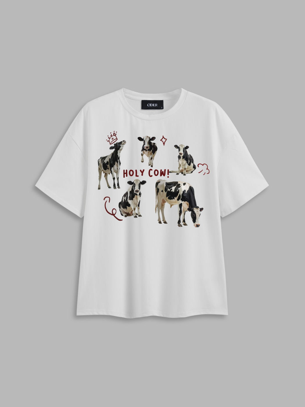 Round Neckline Holy Cow Graphic Oversized Tee