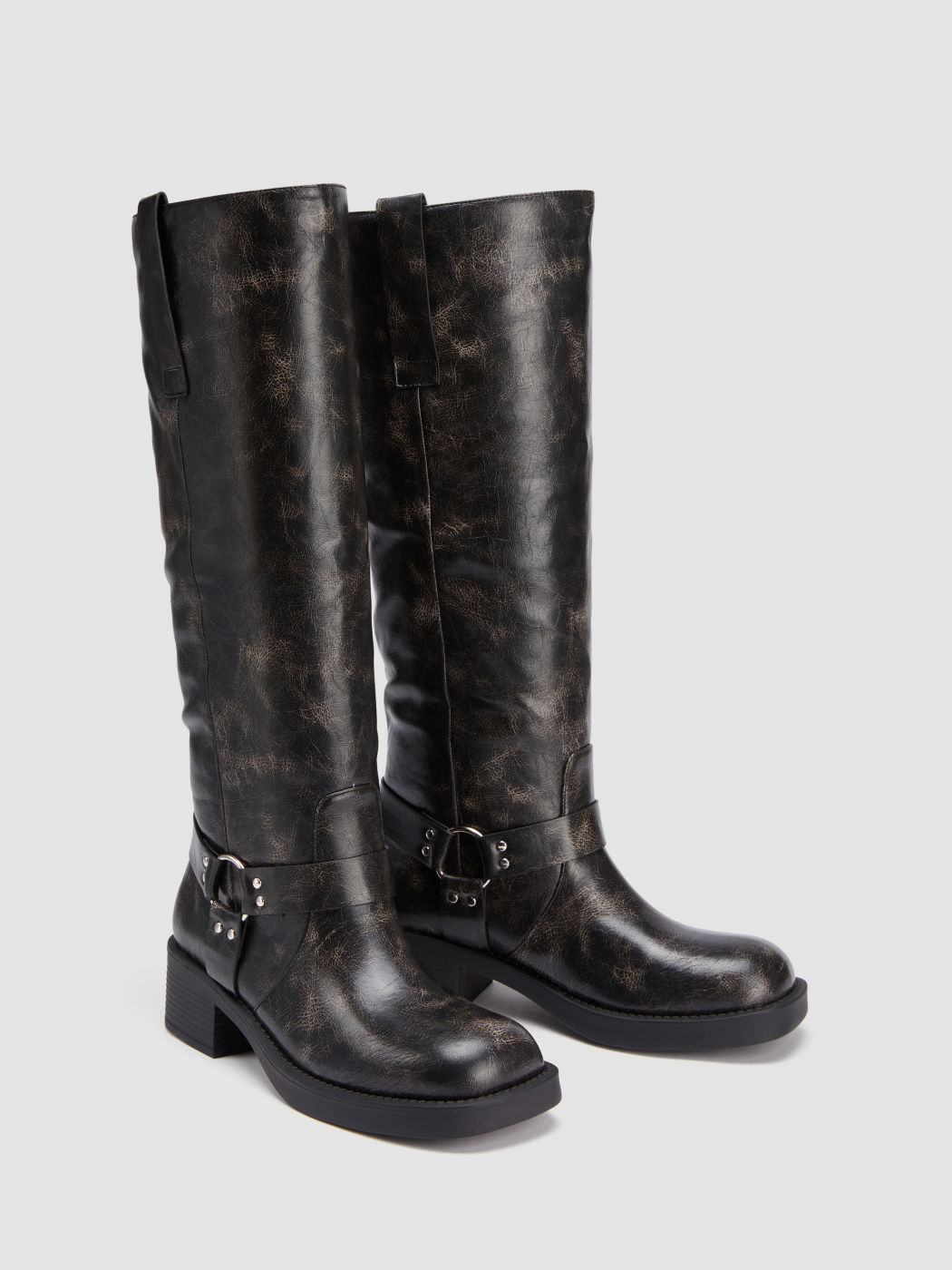 BUCKLE DISTRESSED KNEE HIGH BOOTS