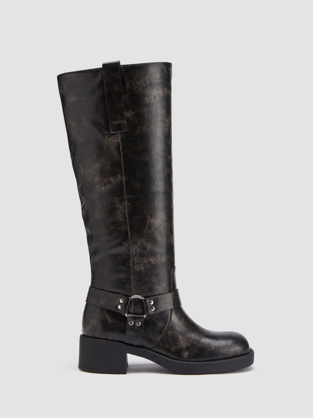 BUCKLE DISTRESSED KNEE HIGH BOOTS