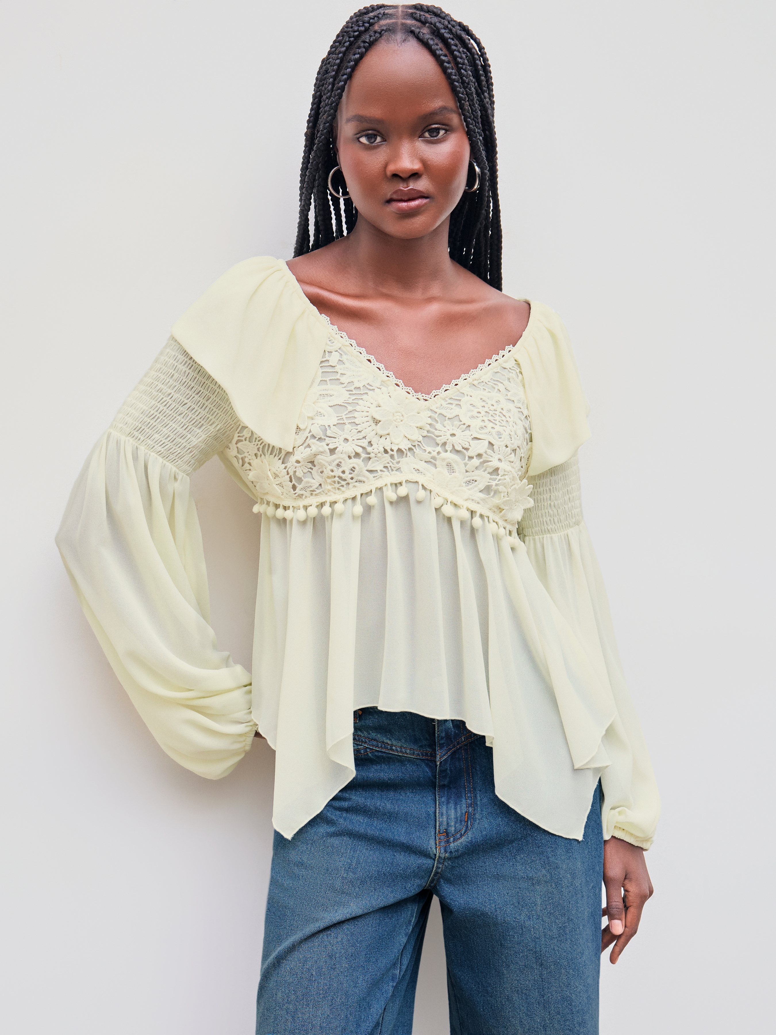 Blouse en chiffon à volants unie à manches longues