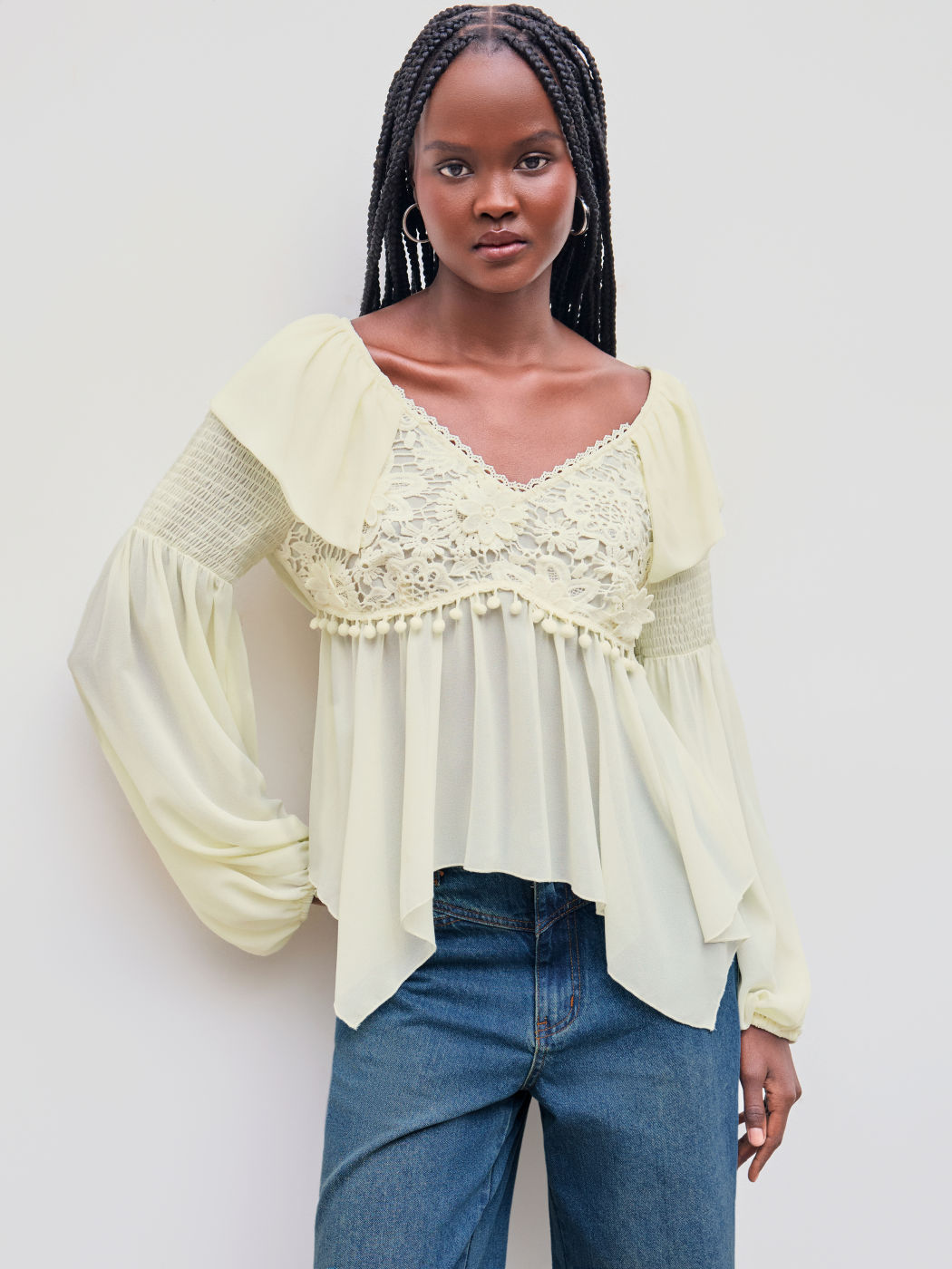Chiffon V-Ausschnitt Einfarbig Rüschen Pom Pom Geraffte Langärmlige Bluse
