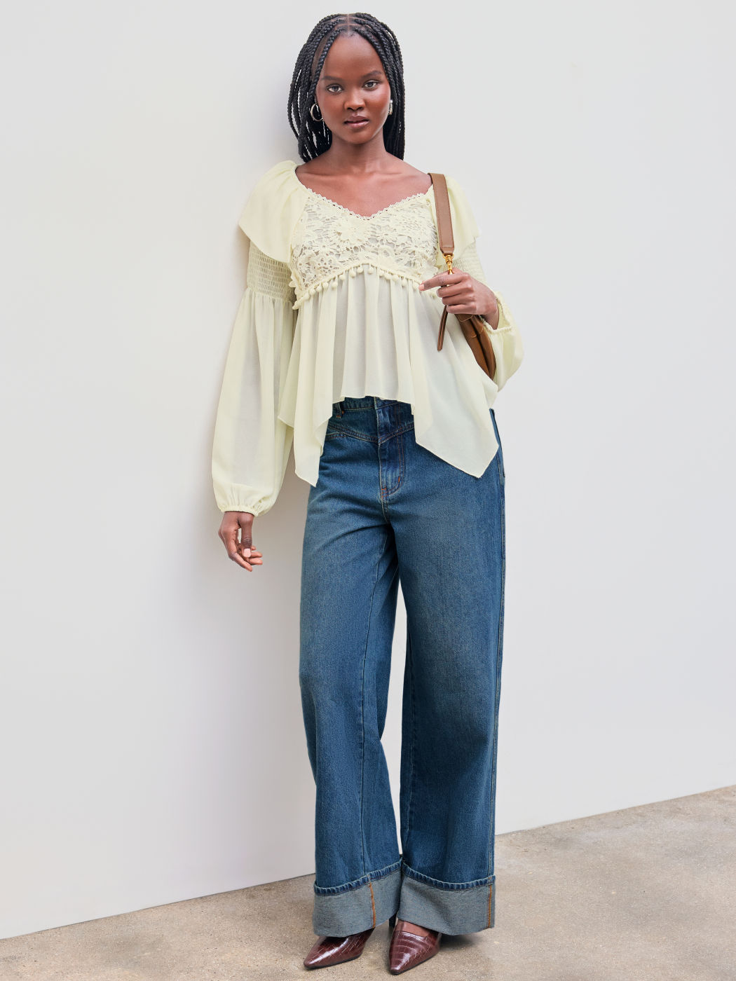 Chiffon V-Ausschnitt Einfarbig Rüschen Pom Pom Geraffte Langärmlige Bluse
