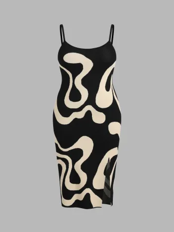 Robe mi-longue en maille jersey à encolure en U et fente contrastante Curve & Plus