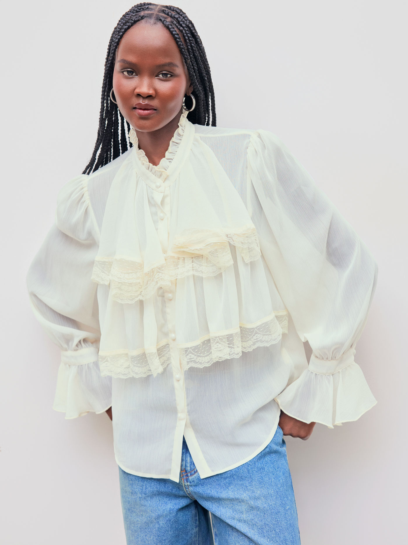 Chiffon Solid See-through Ruffle Hem Long Sleeve Blouse