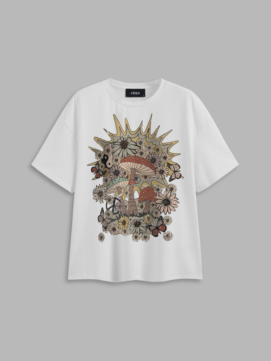 Cotton-blend Round Neckline Floral Butterfly Mushroom Graphic Oversized Tee