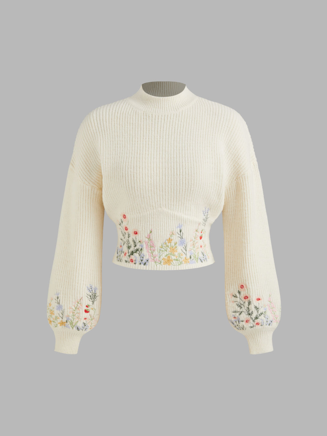 Strick-Crop-Top mit hohem Hals und floraler Stickerei