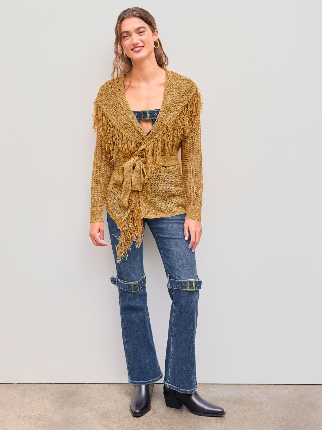 High Stretch Denim Mid Rise Solid Belted Flared Jeans